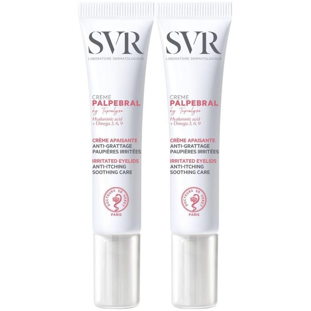 Deux tubes de crème pour les yeux, blancs avec texte rose. Marque SVR, nom du produit CREME PALPEBRAL. Texte: Anti-démangeaisons, paupières irritées.