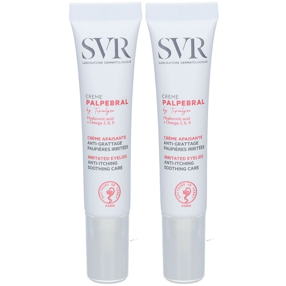 Deux tubes de crème pour les paupières. Inscription: SVR, Crème Palpébral. Texte en français et en anglais.