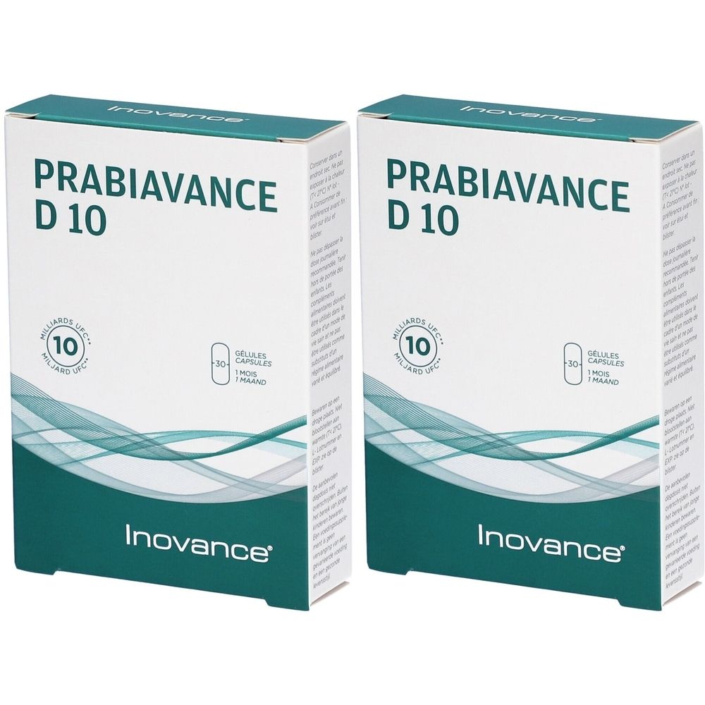 Deux boîtes blanches PRABIAVANCE D 10. Marque Inovance. Inscription : 10 milliards UFC, 30 gélules.