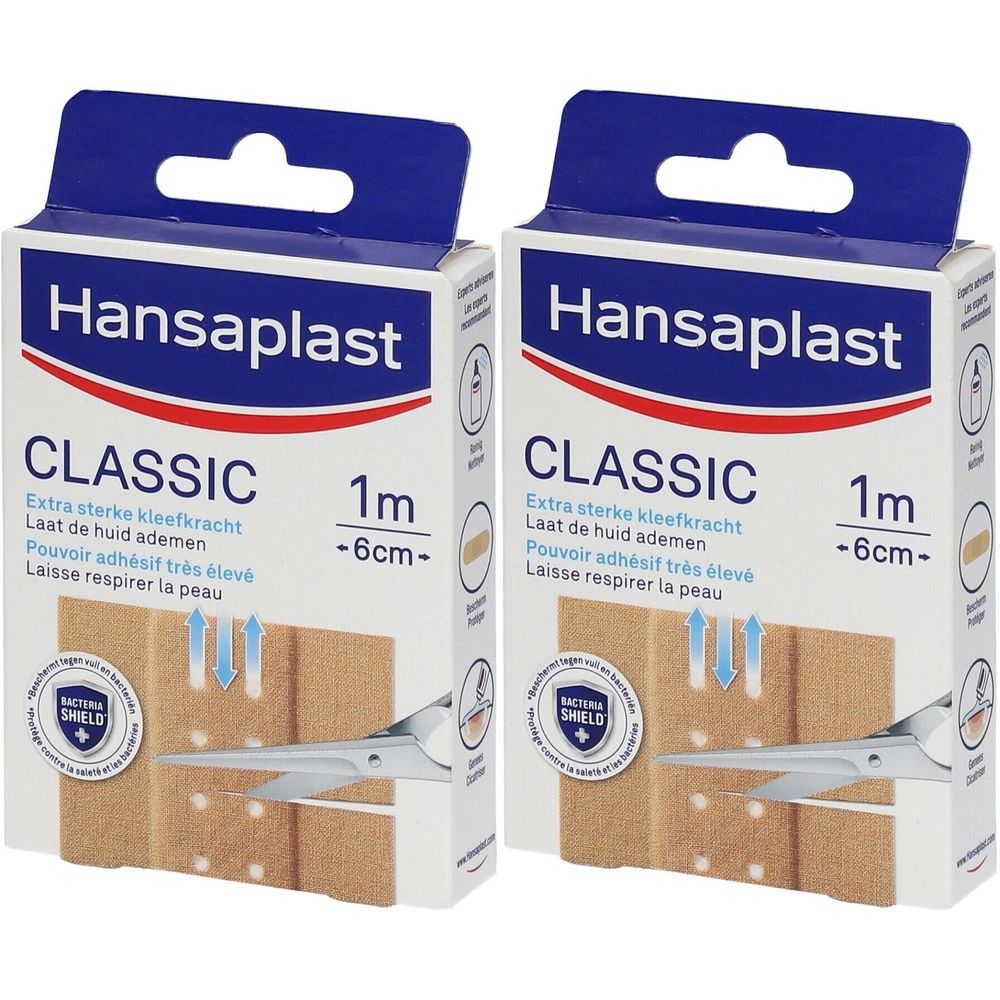 Deux boîtes de Hansaplast Classic Pansement. Inscription : Classic, 1 m -6 cm. Avec le logo "Bacterial Shield".