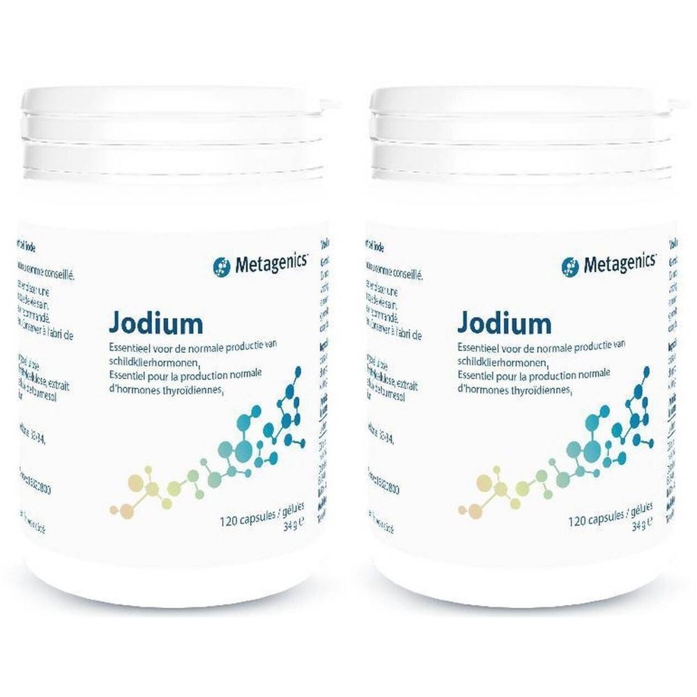 Deux boîtes blanches de "Jodium" de Metagenics. Texte: Essentiel pour la production normale d'hormones thyroïdiennes. 120 capsules.
