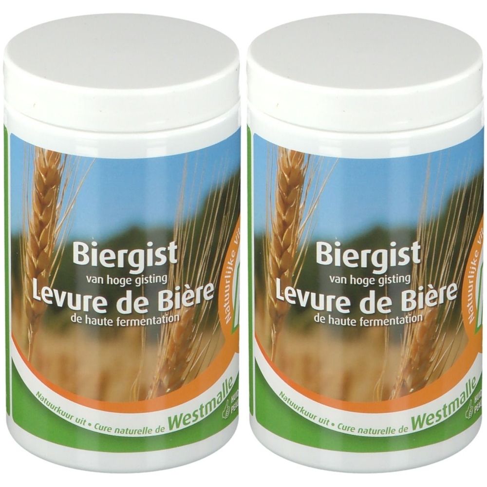 Deux boîtes blanches avec étiquettes. Inscription : Biergist, Levure de Bière. Natuurlijke uit Westmalle.