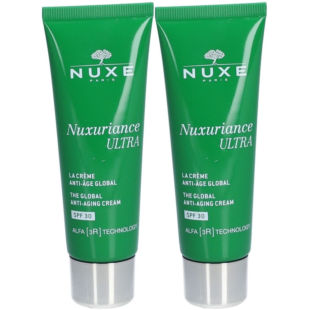 Deux tubes verts avec texte blanc. Inscription: NUXE, Nuxuriance Ultra, crème anti-âge SPF30.