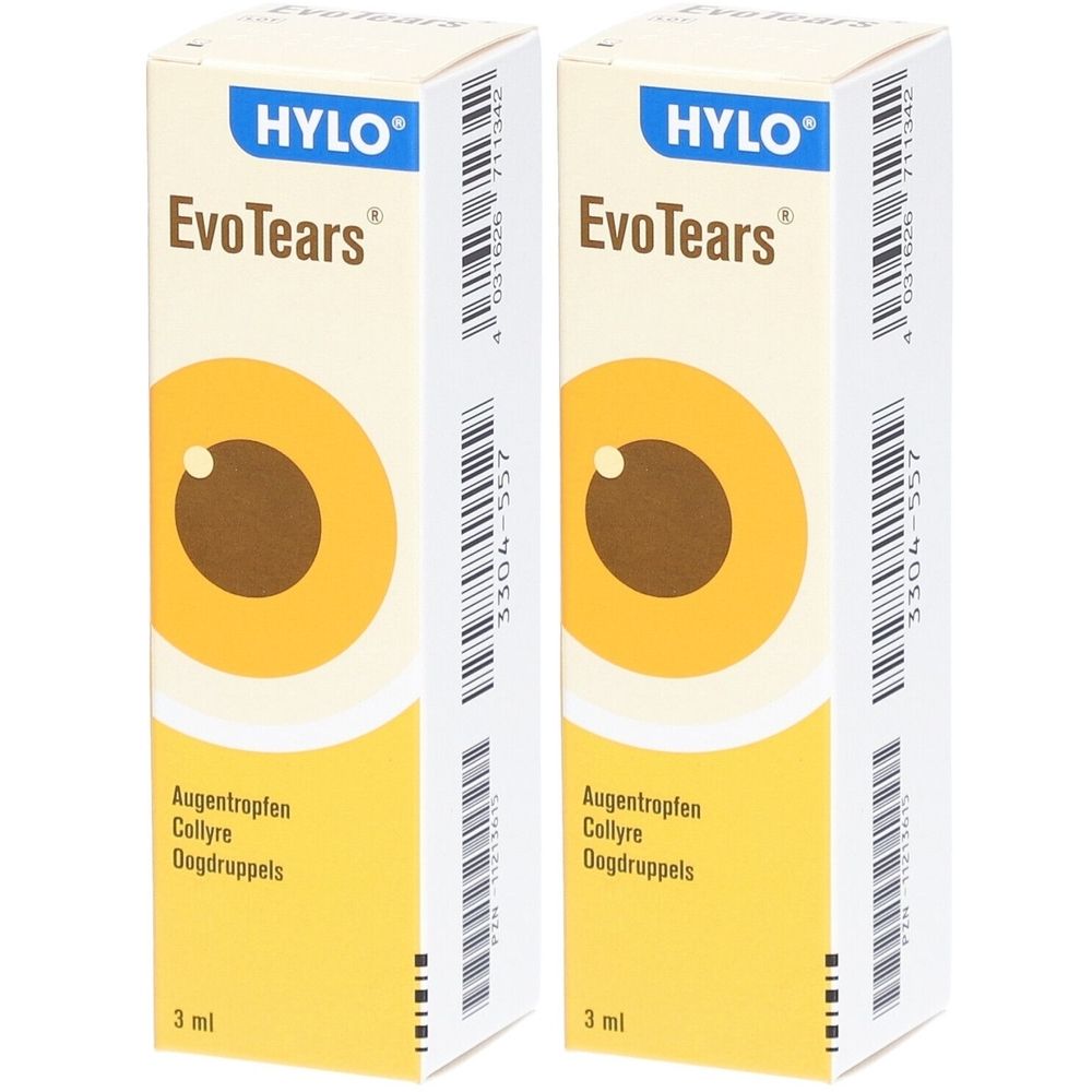 Deux boîtes d'EvoTears. Emballage jaune et blanc avec logo et nom du produit. Contenance : 3 ml.