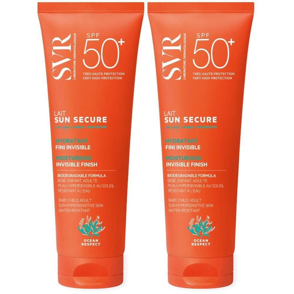 Deux tubes de Lait SVR SUN SECURE SPF 50+, orange avec inscription blanche.
