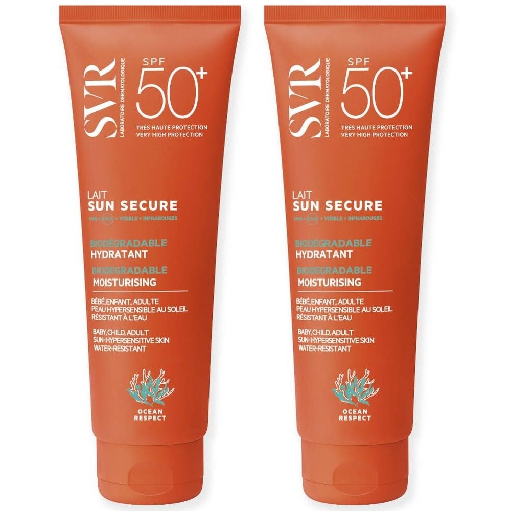 Deux tubes de crème solaire orange avec texte blanc. Inscription : SVR, SPF 50+, SUN SECURE, HYDRATANT, OCEAN RESPECT.