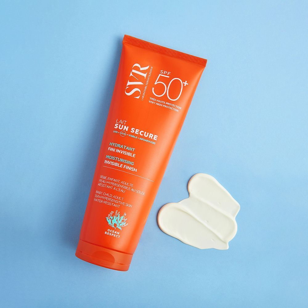 Deux tubes de Lait SVR SUN SECURE SPF 50+, orange avec inscription blanche.