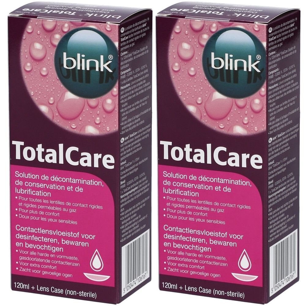 Deux boîtes "blink TotalCare". Texte blanc sur fond rose. Contient 120 ml + étui à lentilles. Solution pour lentilles.