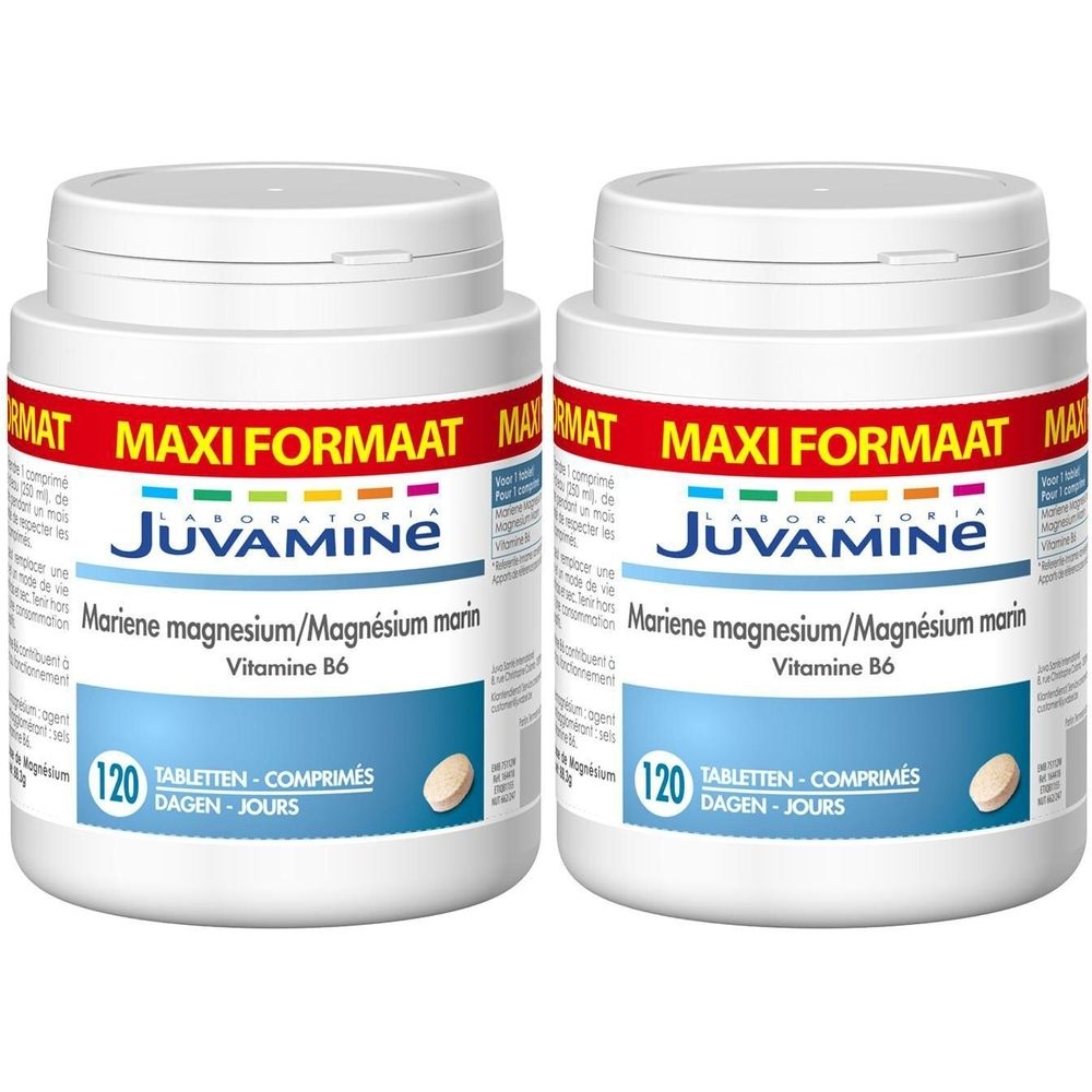 Deux boîtes blanches "Juvamine". Étiquette avec "Mariene magnesium/Magnésium marin Vitamine B6" et "120 comprimés".