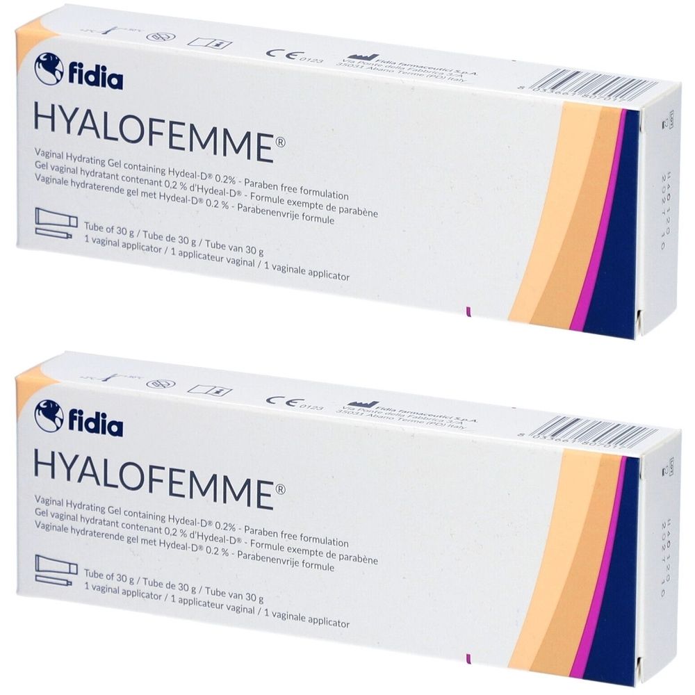 Deux boîtes de HYALOFEMME. Inscription : Gel hydratant vaginal. Avec applicateur.