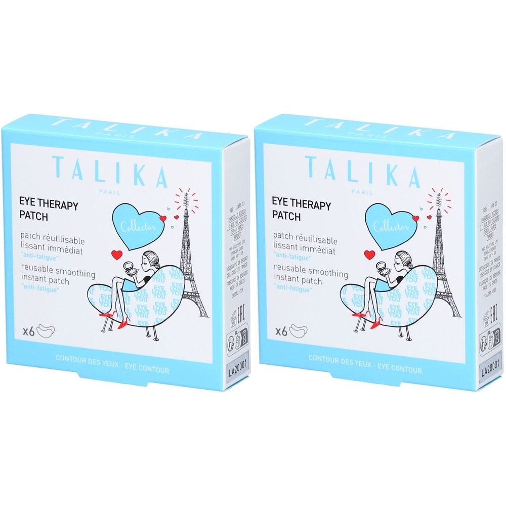 Deux boîtes bleues claires "TALIKA EYE THERAPY PATCH". Illustrations : Tour Eiffel, cœur, femme. Contient 6 patchs.
