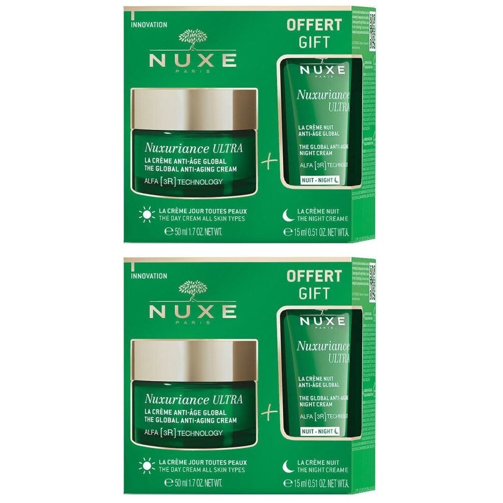Deux coffrets cadeaux verts Nuxe. Chaque coffret contient une crème de jour et une crème de nuit. Texte : Nuxuriance Ultra.