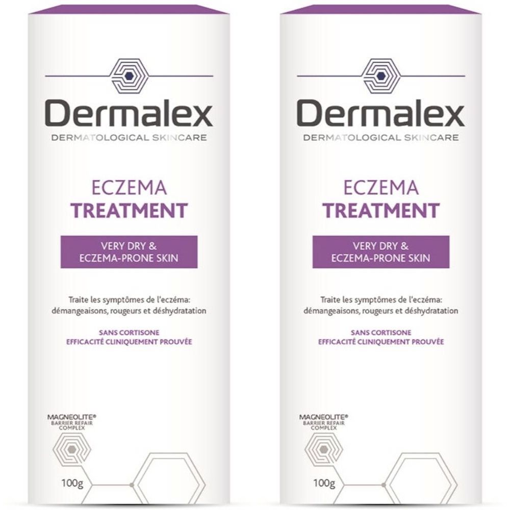 Deux tubes cylindriques. Inscription: Dermalex, Eczema Treatment, pour peaux très sèches et sujettes à l'eczéma. 100g.