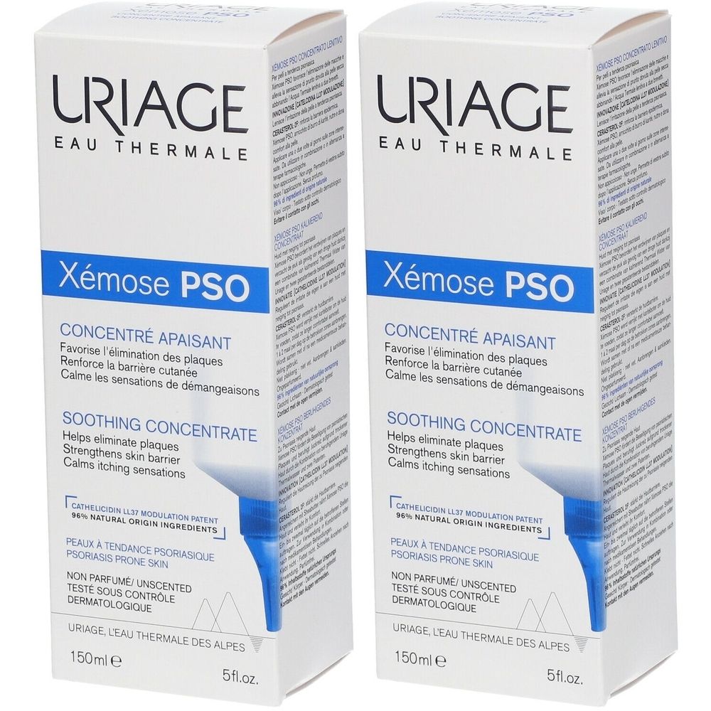 Deux boîtes blanches avec impression de produit. URIAGE en haut, Xémose PSO en dessous. Textes français et anglais.