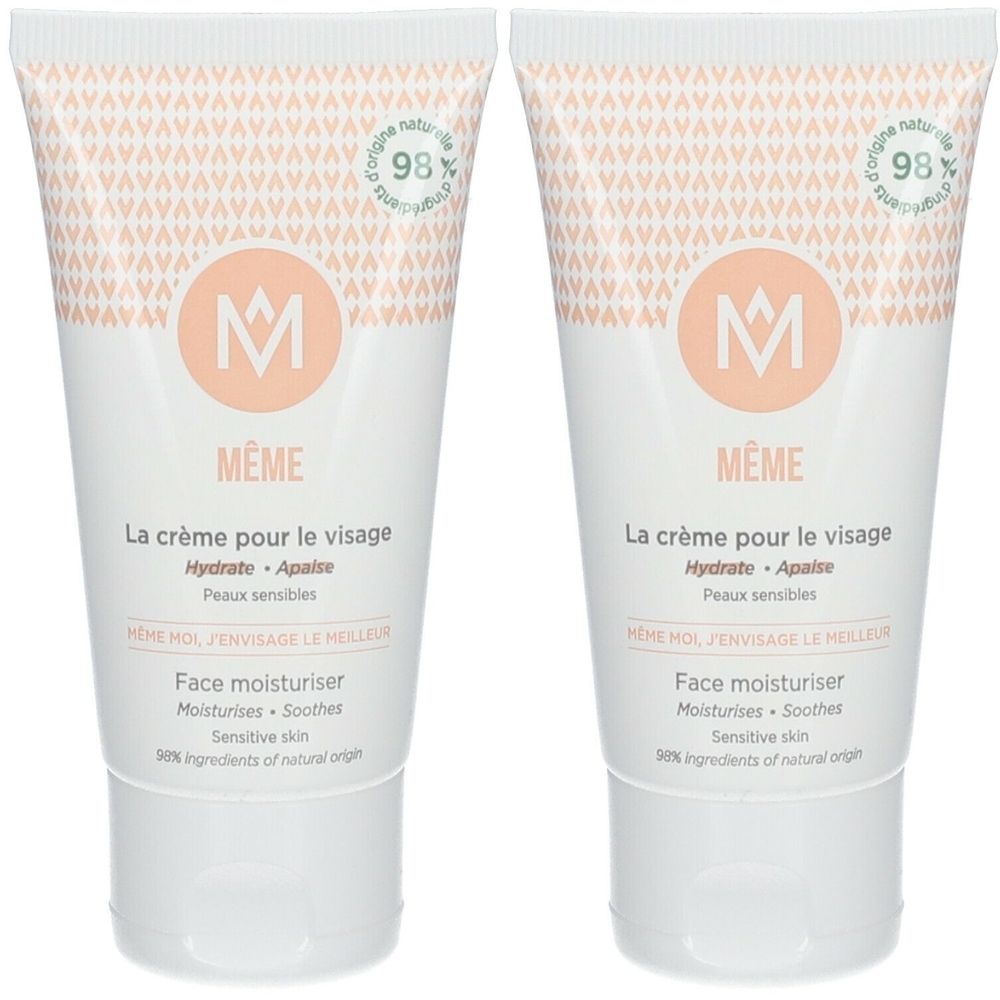 Deux tubes de crème pour le visage. Inscription : MÊME, La crème pour le visage, Hydrate, Apaise, Peaux sensibles. 98% d'ingrédients d'origine naturelle.