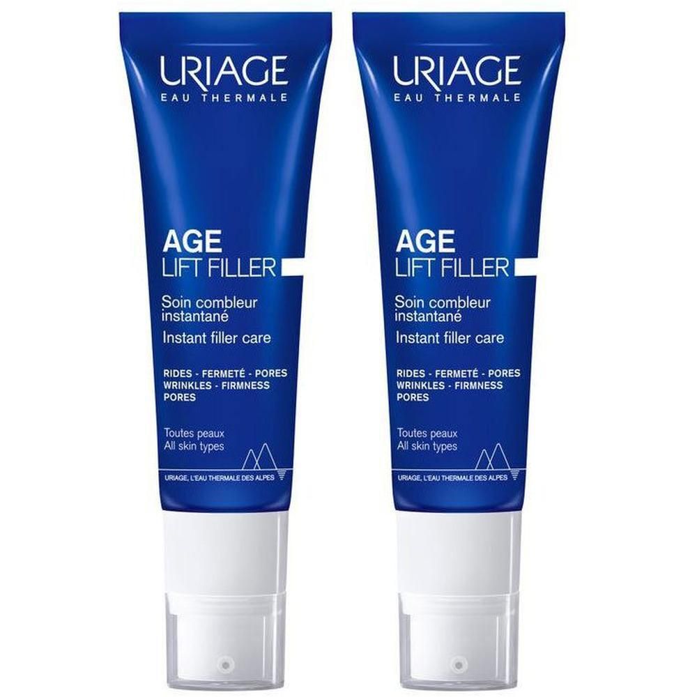 Deux tubes bleus avec bouchon blanc. Inscription: Uriage, Age Lift Filler, Instant filler care.