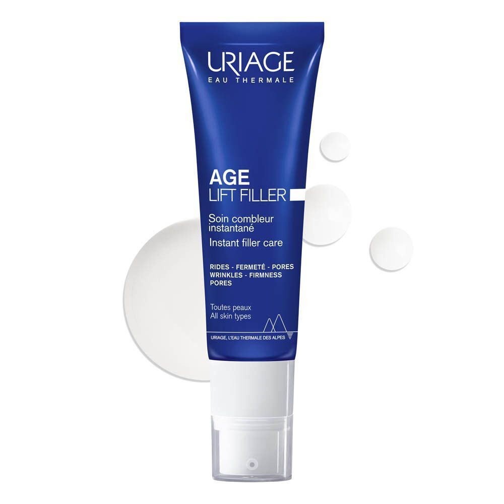 Un tube bleu avec bouchon blanc. Inscription: Uriage, Age Lift Filler, Instant filler care. Gouttes blanches.