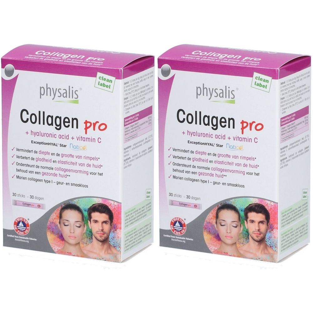 Deux boîtes de physalis® Collagen Pro. Inscription : Collagen Pro, acide hyaluronique + vitamine C. Avec des visages.