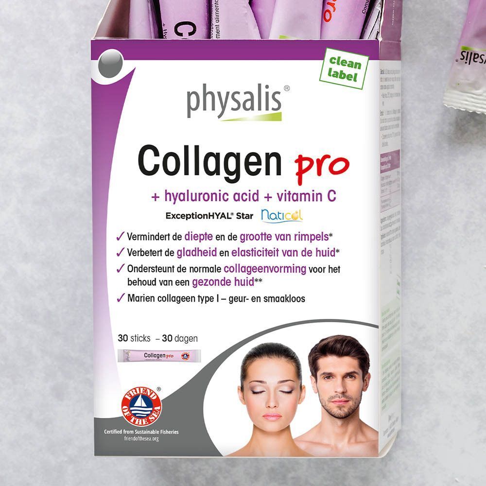 Un paquet ouvert de Physalis Collagène Pro avec acide hyaluronique et vitamine C, 30 sticks, quelques sticks visibles.