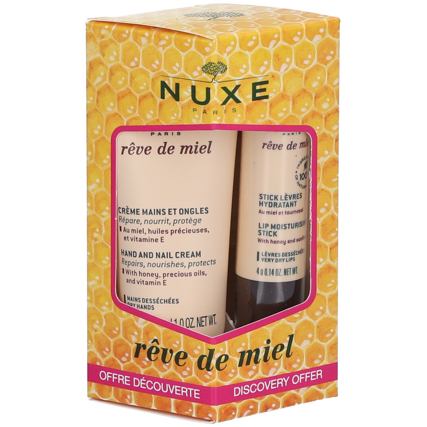 Coffret cadeau Rêve de Miel. Crème mains et ongles et stick lèvres hydratant. Tubes. Motif nid d'abeilles.