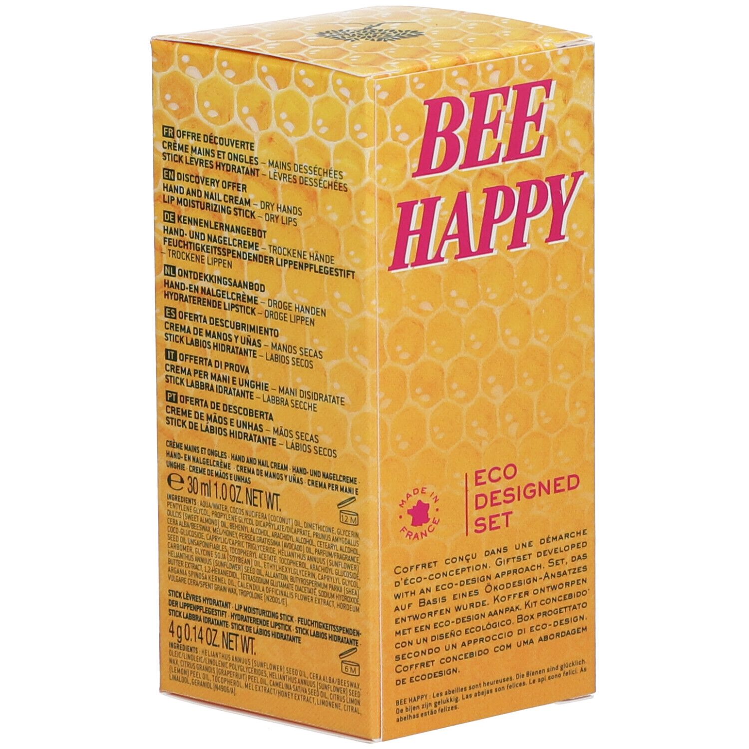 Dos du coffret cadeau. Texte d'informations sur le produit. Motif nid d'abeilles. Inscription: BEE HAPPY.