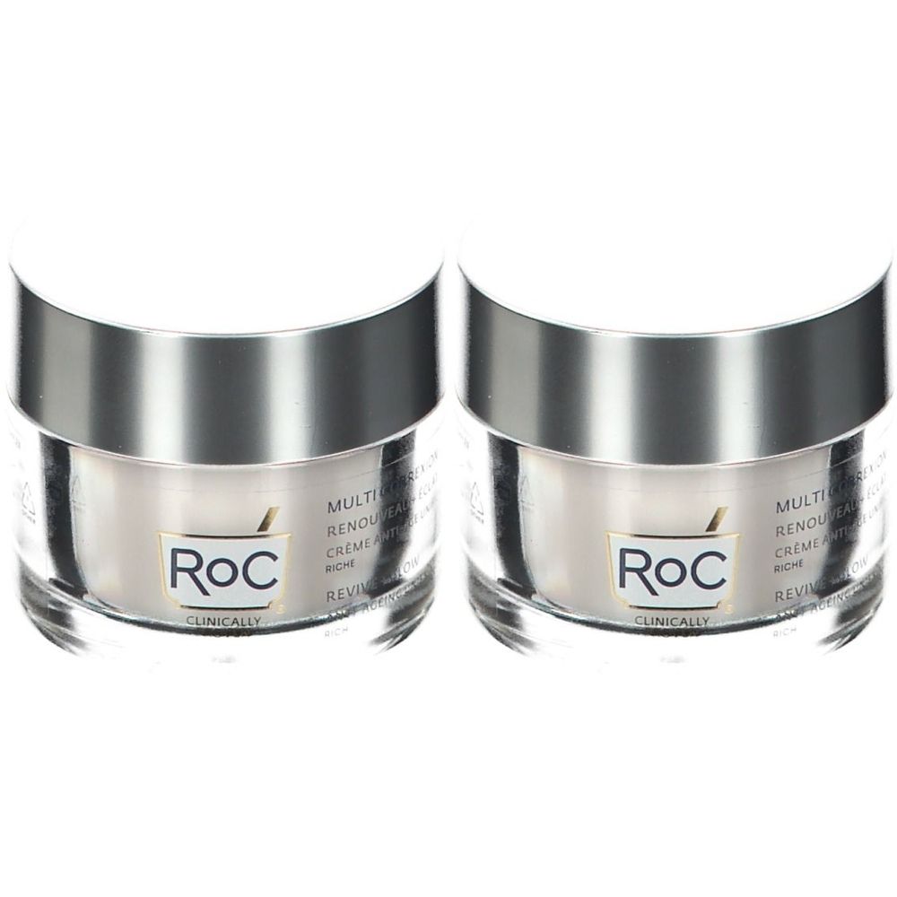Deux pots de crème avec des couvercles argentés. Les étiquettes indiquent RoC et d'autres informations sur le produit.