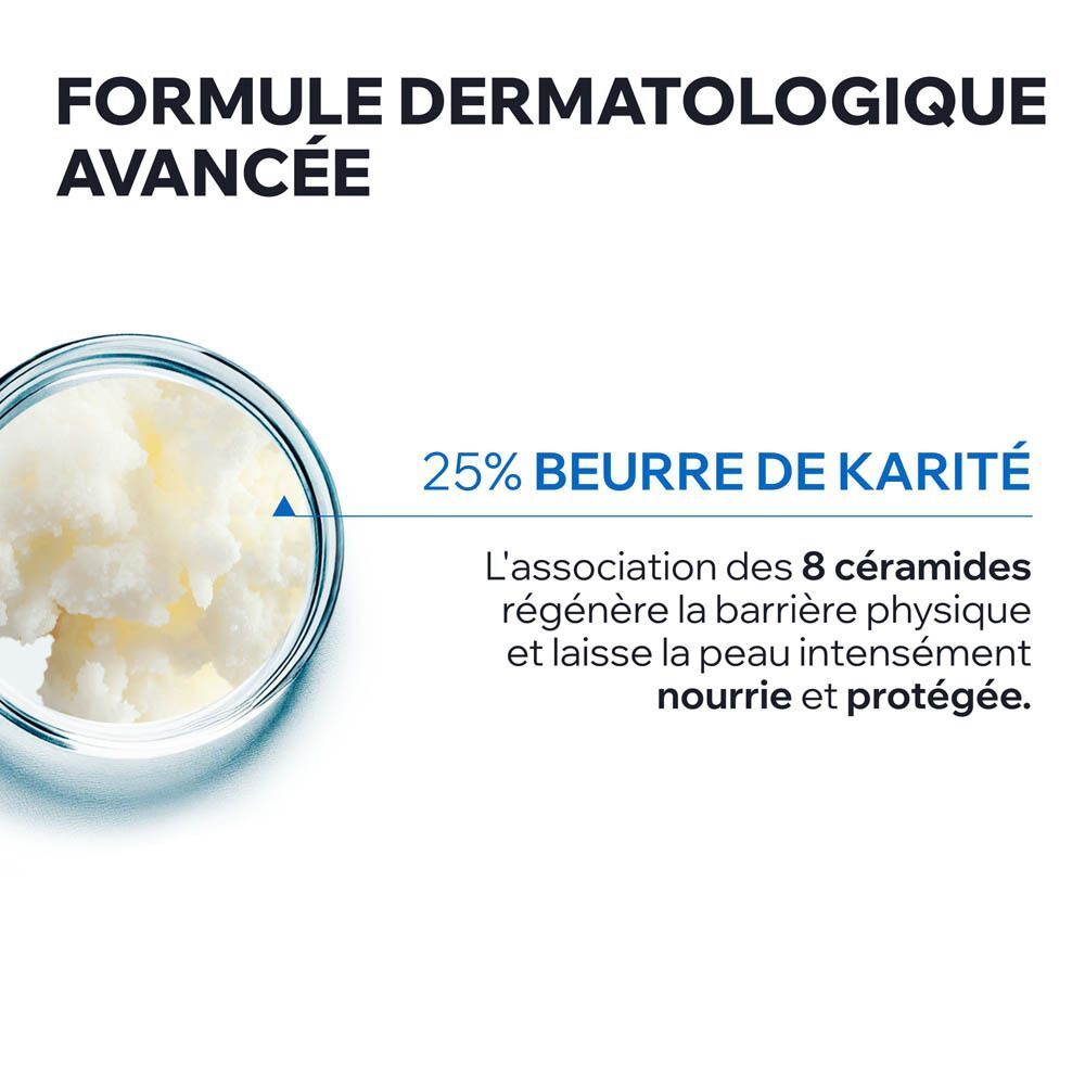 Bol de crème. Texte: 25% Beurre de karité. 8 céramides biomimétiques.