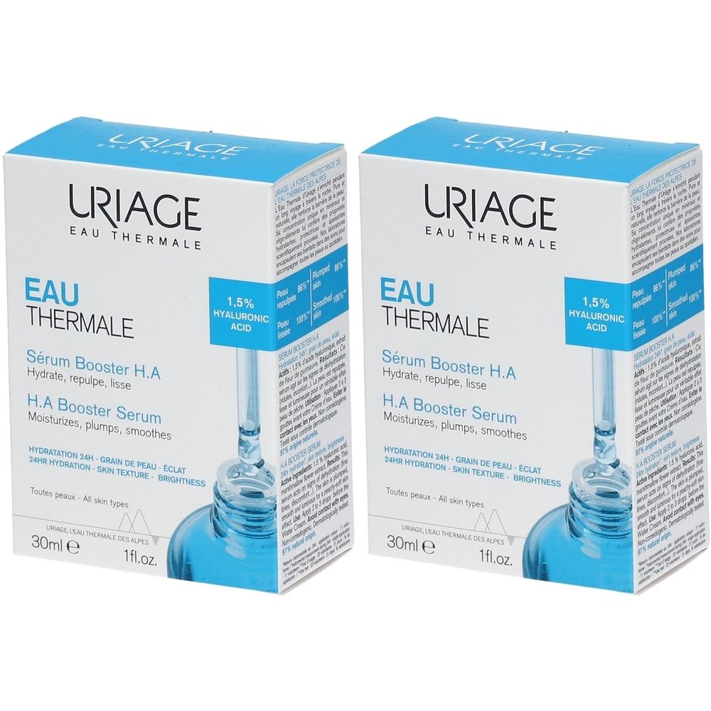 Deux boîtes de Sérum Booster H.A URIAGE Eau Thermale. Emballage bleu et blanc. Contient une bouteille en verre bleu.