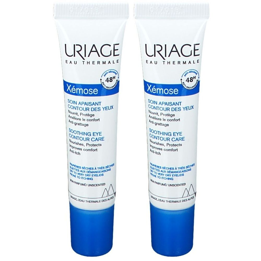 Deux tubes de soin contour des yeux Uriage Xémose. Blanc, bleu, avec texte. Protection 48h. Sans parfum.