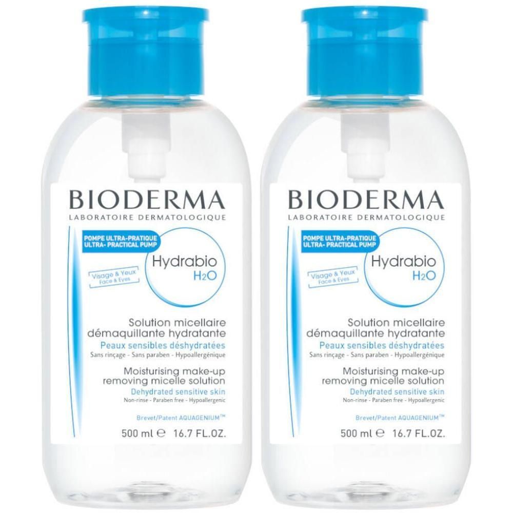 Deux flacons Bioderma Hydrabio H2O. Liquide clair, bouchons et pompes bleus. Texte: Hydrabio H2O, Solution micellaire.