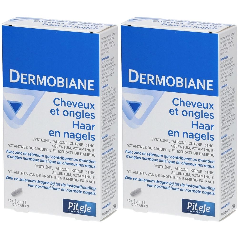 Deux boîtes DERMOBIANE. Inscription: Cheveux et ongles, Haar en nagels. Contient des gélules. Marque: PiLeje.