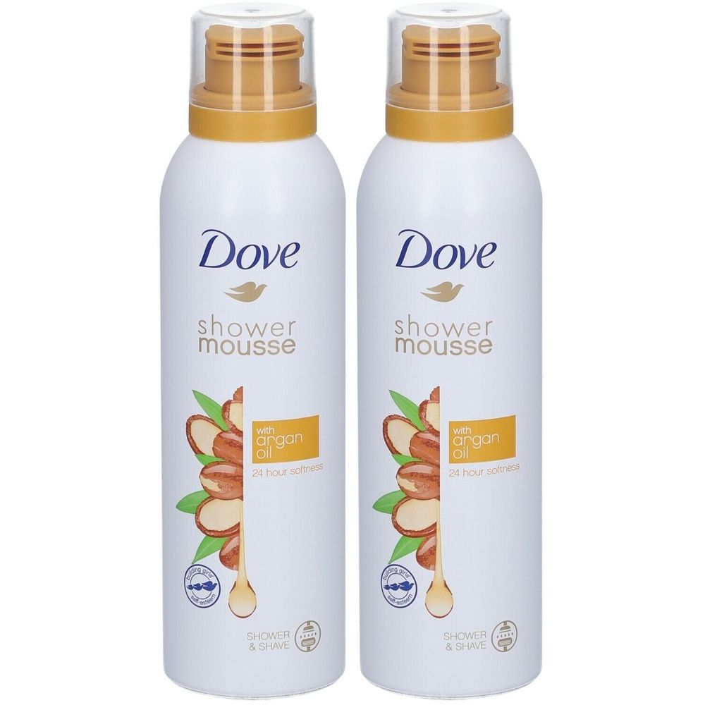 Deux bouteilles blanches avec bouchons dorés. Inscription Dove, Shower Mousse, huile d'argan. Illustration de fruits d'argan.