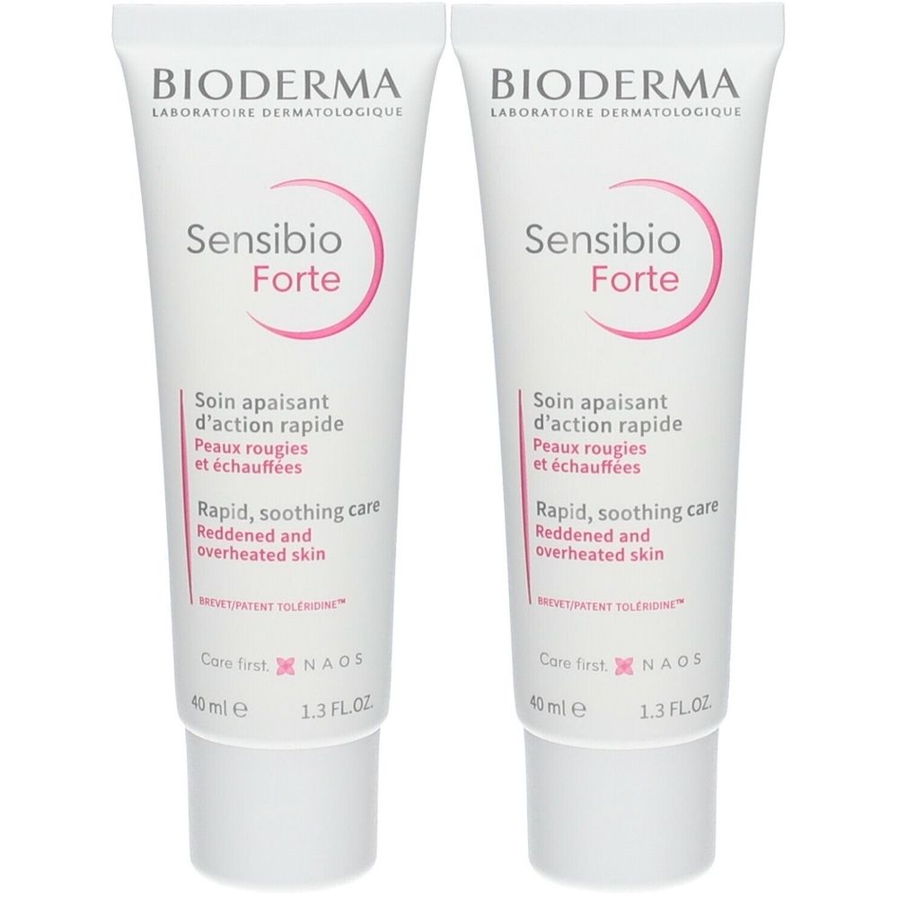 Deux tubes blancs. Inscription: Bioderma Sensibio Forte. Soin apaisant rapide pour peaux rouges et échauffées. 40 ml.