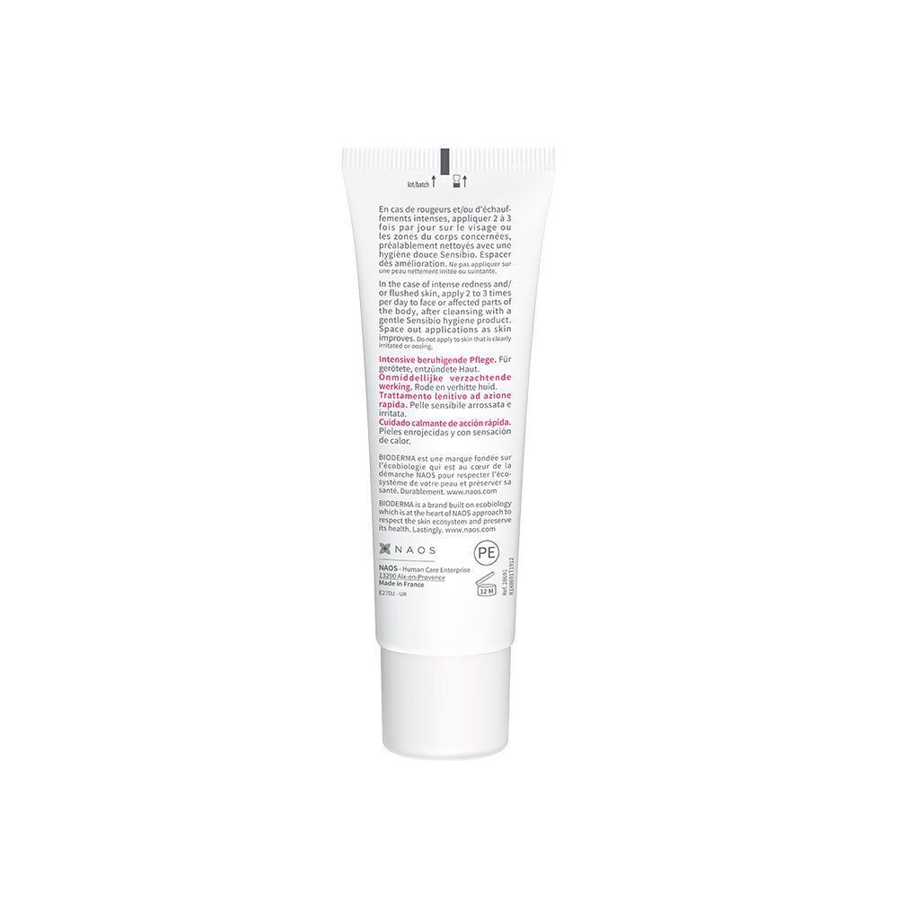 Dos d'un tube blanc. Texte multilingue. Marque Bioderma. Informations sur l'utilisation du produit.