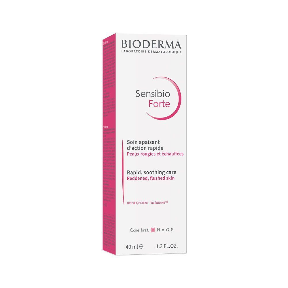 Emballage carton. Marque Bioderma, Sensibio Forte. Texte en français et anglais. Couleurs rouge et blanc.