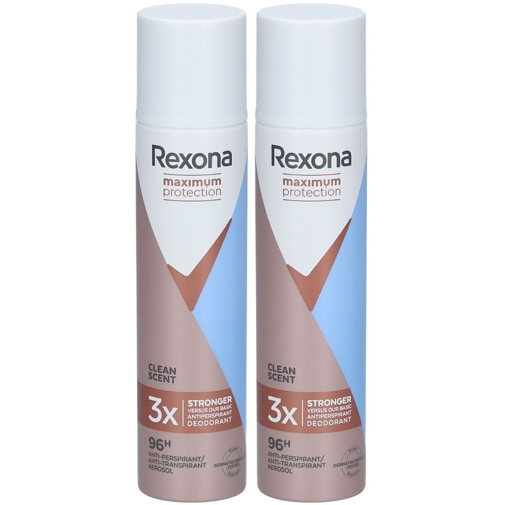 Deux déodorants Rexona. Bouchon blanc, éléments marron et bleu. Inscriptions : maximum protection, Clean Scent, 3x, 96H.