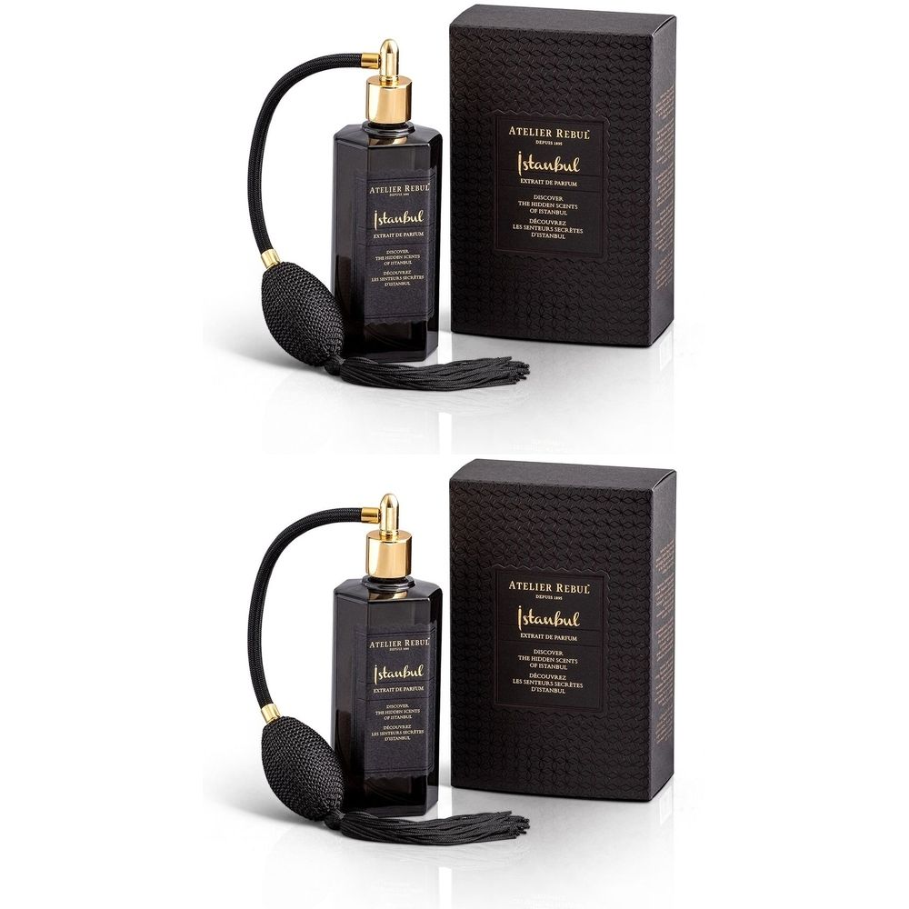 Flacon noir avec vaporisateur doré et pompon. Emballage noir avec texte doré. Atelier Rebul Istanbul Extrait de Parfum.