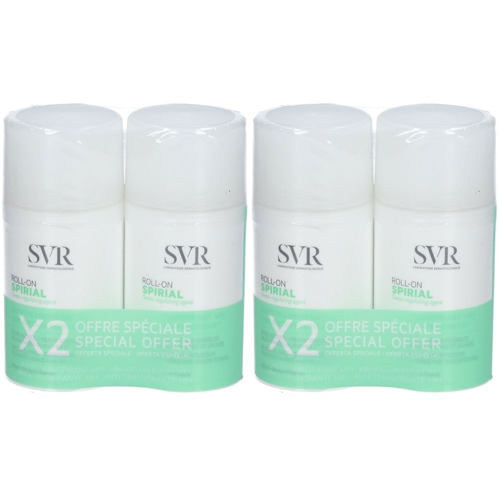 Quatre roll-on regroupés. Flacons blancs avec étiquettes vertes. Inscriptions: SVR, SPIRIAL, X2, Offre Spéciale.