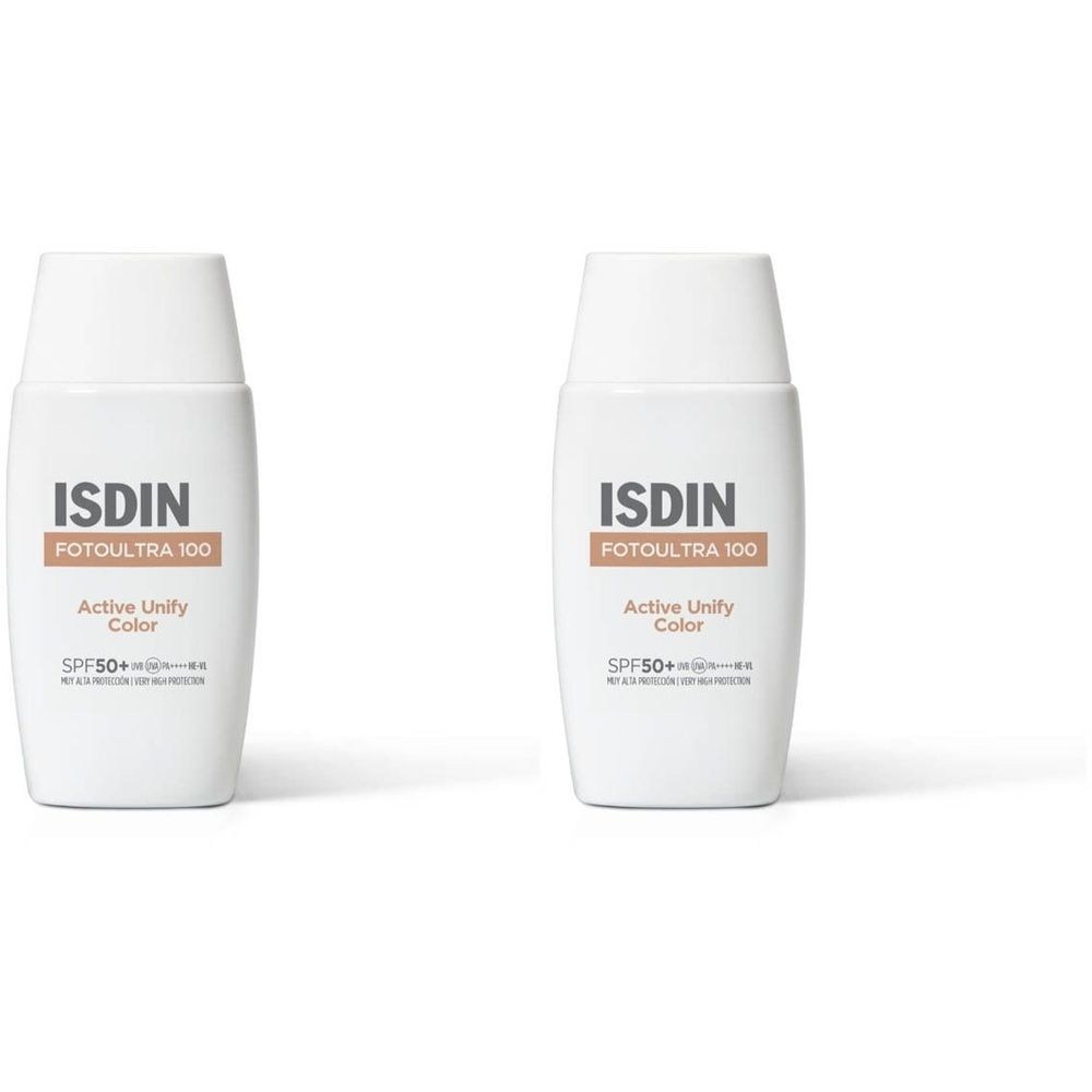 Deux flacons blancs avec l'inscription ISDIN FOTOULTRA 100 Active Unify Color SPF50+.