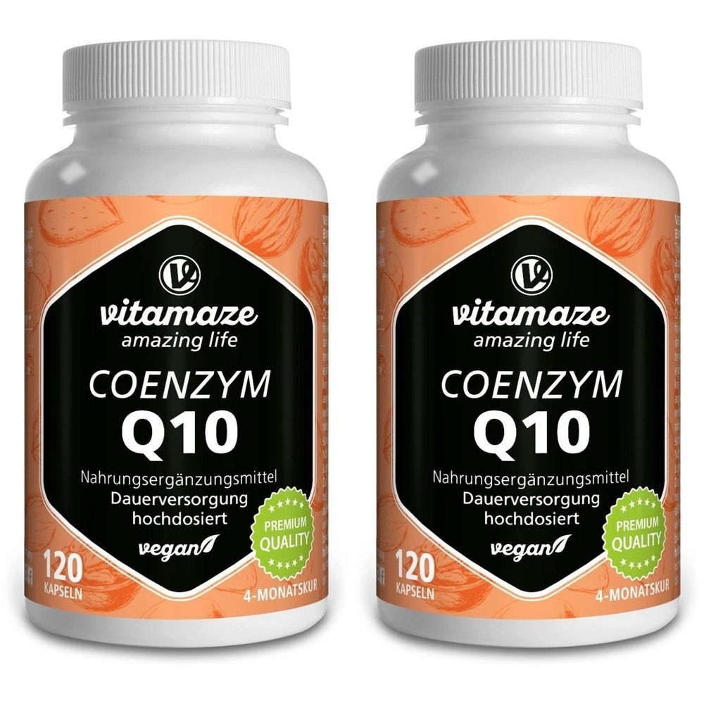 Deux flacons de complément alimentaire. Étiquette noire avec "COENZYM Q10" et "Vitamaze". 120 gélules, végétalien, qualité supérieure.