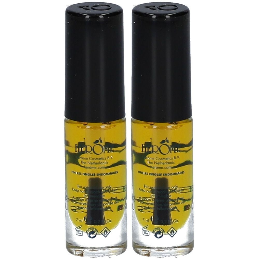 Deux flacons de liquide jaune avec bouchon noir. Inscription: Herôme. Pour ongles fins et abîmés.