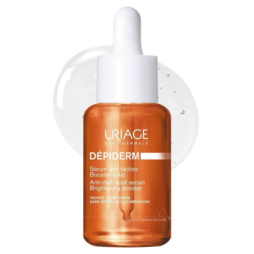 Uriage Dépiderm Sérum Anti-Taches Booster Éclat. Liquide orangé, pipette blanche. Goutte.