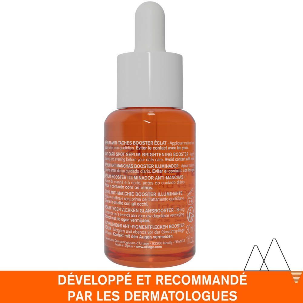 Uriage Dépiderm Sérum Anti-Taches Booster Éclat. Texte sur le flacon. Développé et recommandé par les dermatologues.