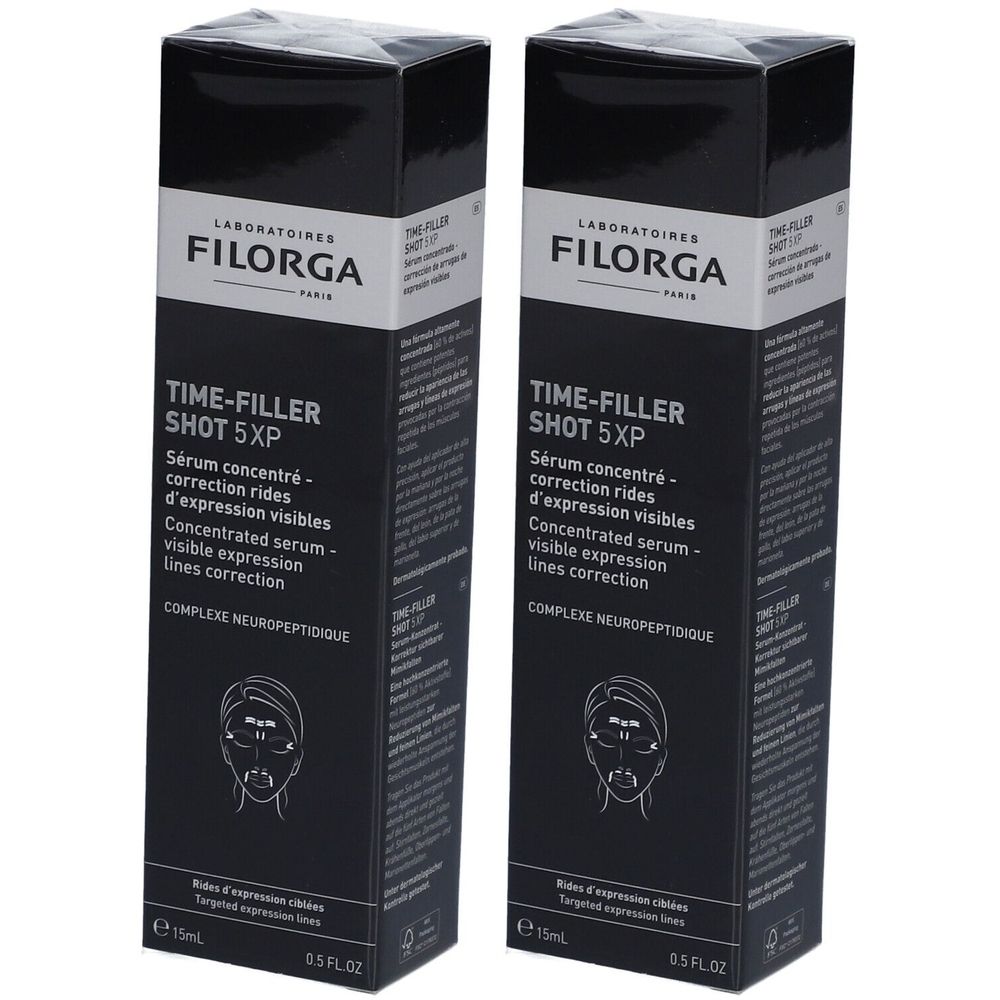 Deux boîtes noires Filorga Time-Filler Shot 5XP. Inscription : Sérum concentré, correction rides d'expression visibles. 15ml.