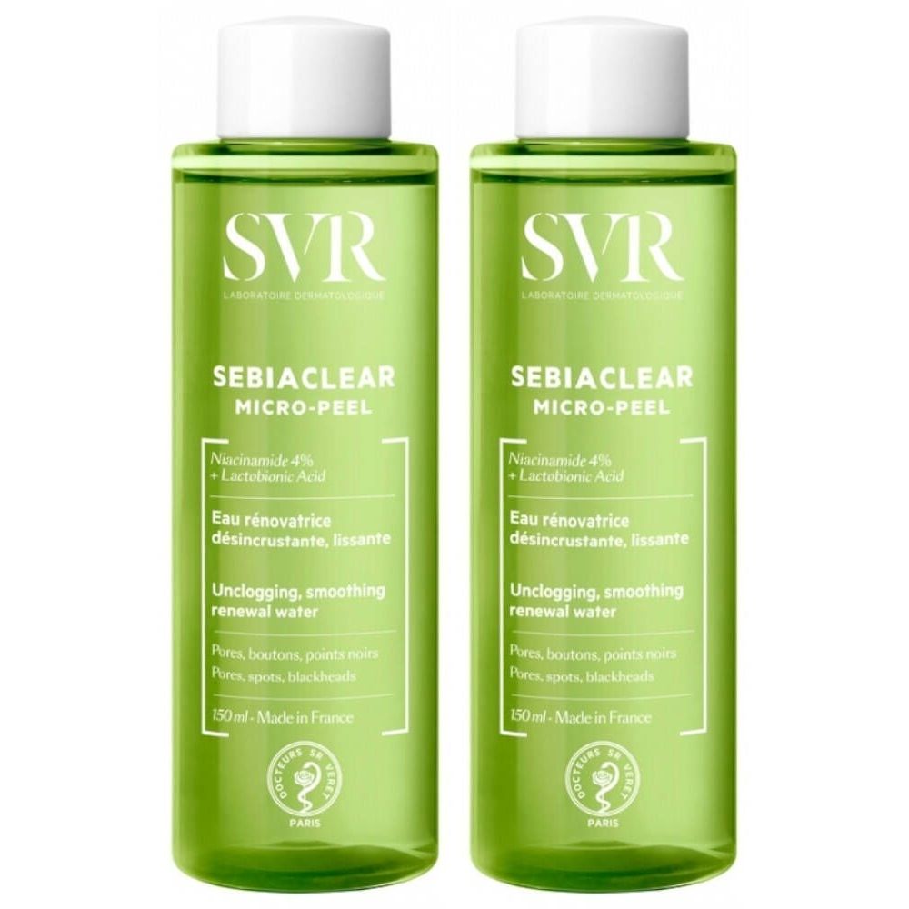 Deux flacons verts avec bouchons blancs. Inscription: SVR SEBIACLEAR Micro-Peel. Inscription française. 150ml.