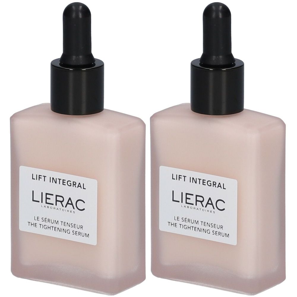 Deux flacons avec bouchon noir et pipette. Inscription: Lierac Lift Integral Le Sérum Tenseur.