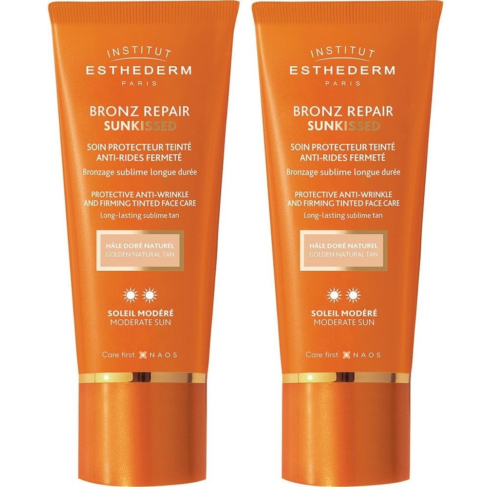Deux tubes de INSTITUT ESTHEDERM Bronz Repair Sunkissed. Emballage orange avec informations produit et logo soleil.