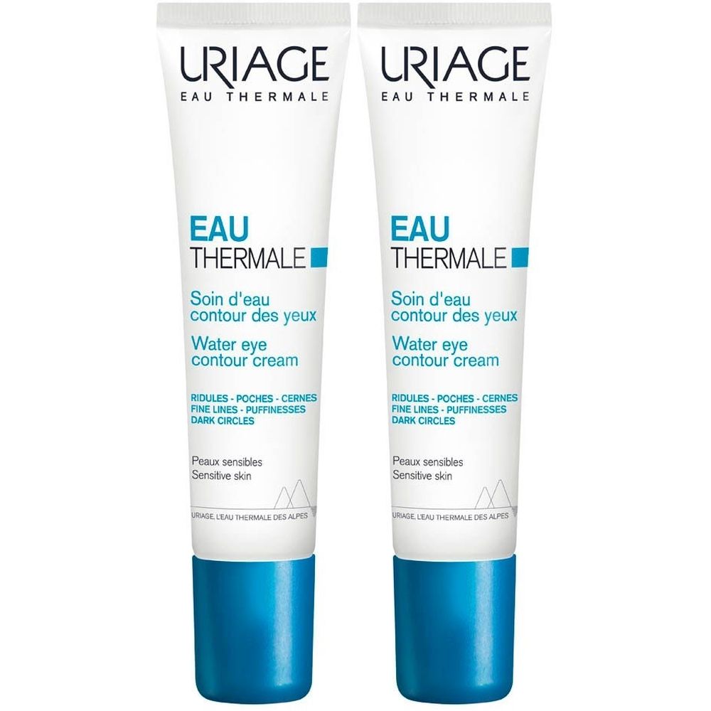 Deux tubes de crème pour les yeux Uriage Eau Thermale. Blanc avec bouchon bleu. Texte: Soin d'eau contour des yeux, Water eye contour cream.