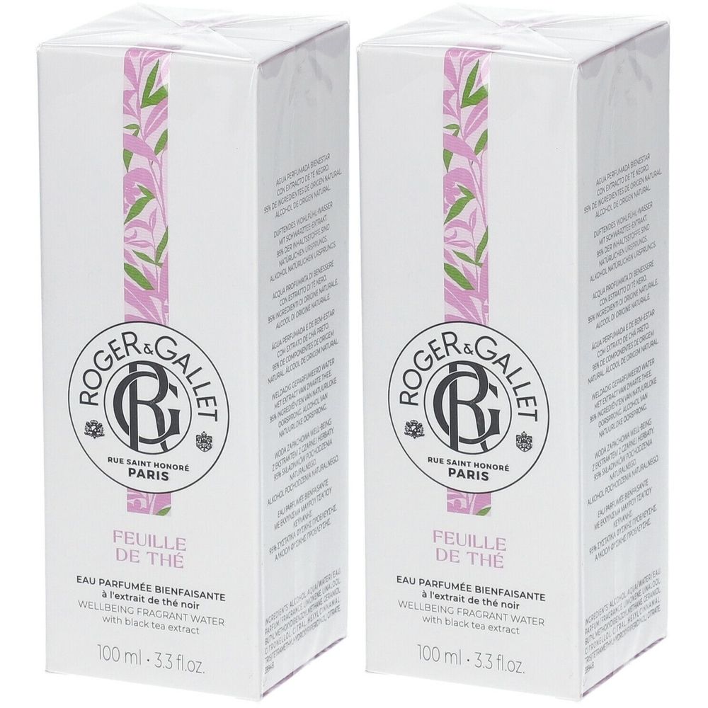 Deux boîtes blanches. Logo Roger & Gallet, inscription FEUILLE DE THÉ. Motif floral rose et vert. Contient de l'eau parfumée.
