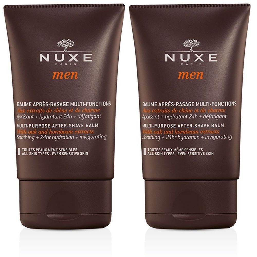 Deux tubes bruns de Baume après-rasage Nuxe Men. Texte: Baume Après-Rasage Multi-Fonctions, pour peaux sensibles.